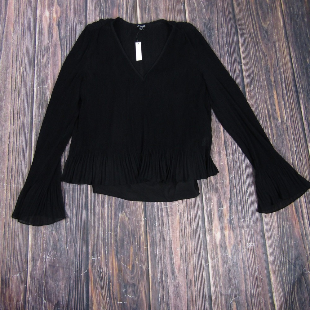 Madewell Blouse Womens Medium Black Long Sleeve Pleated Hem Peplum Boho Top